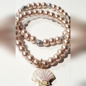 Elegant Blush Glass Bead Pearl Inspired Stretch Bracelet with Silver Accents